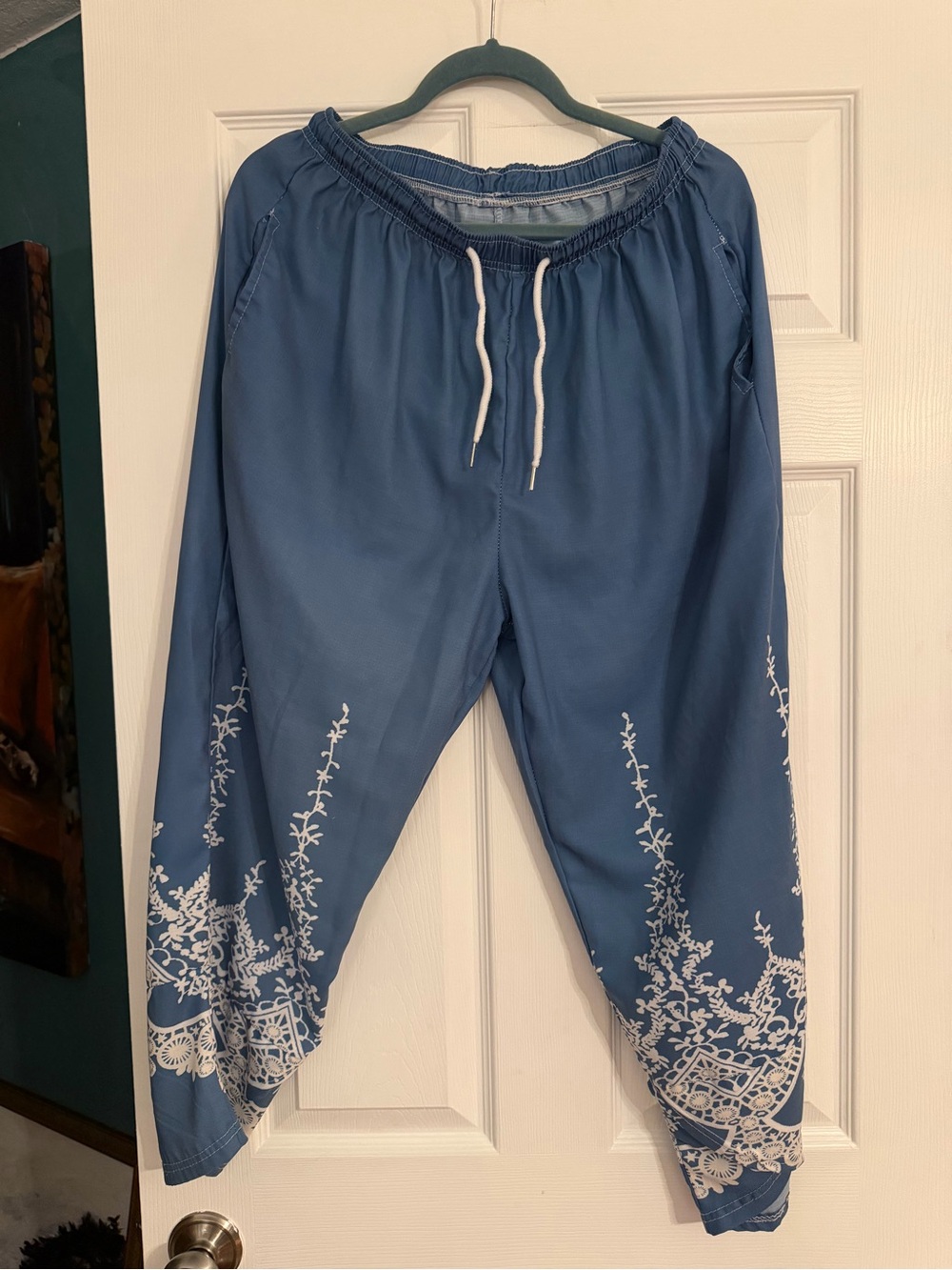 Navy Elastic Waist Lounge boho pants with Light Blue and floral